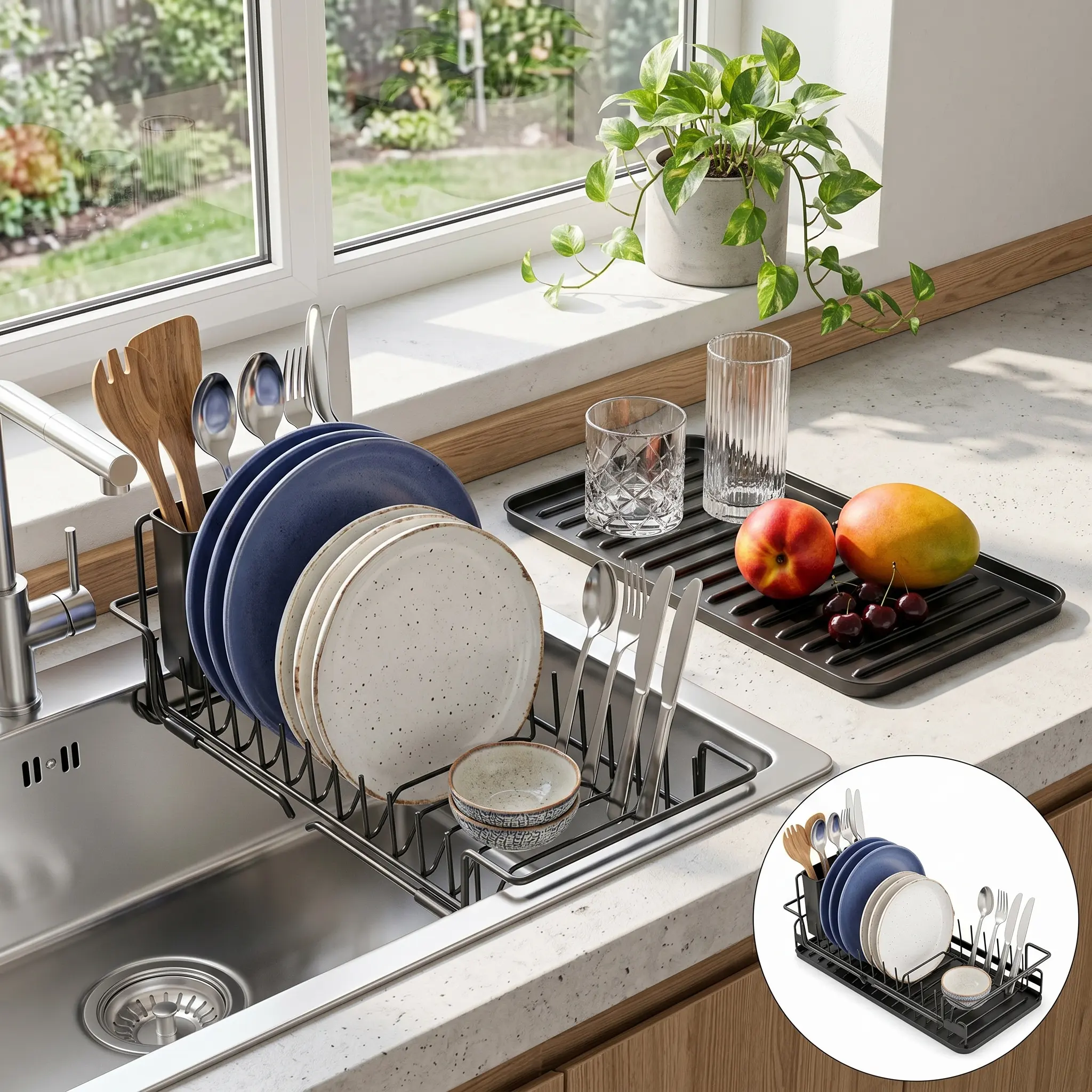 Expandable Dish Drying Rack for Kitchen Counter Over Sink Dish Drainer with Cutlery Holder Drip Tray