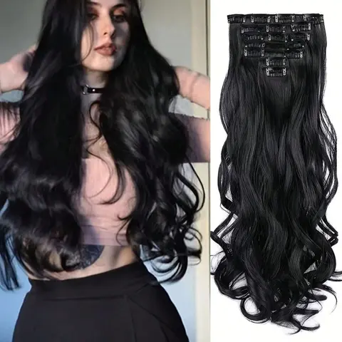 7pc1 Insertable Women's Hairpin - Long Wavy Synthetic Hairpin, Soft and natural black wavy hair strands, heat-resistant synthetic chemical wig, suitable for daily wear, easy to increase volume and length, suitable for all races, Synthetic Hair Pieces