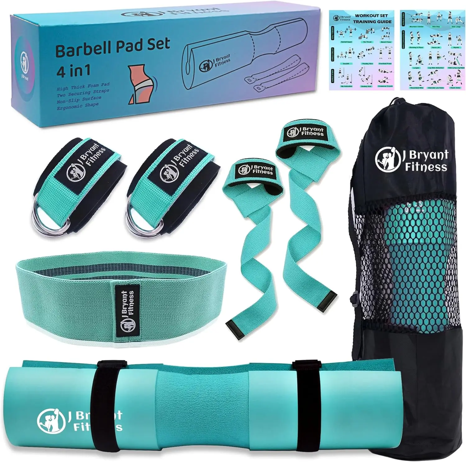J Bryant Barbell Pad Set with 2 Ankle Straps – Thick Cushion Hip Thrust Pad for Squats, Bench Press & Cable Machine Workout, Home Gym Strength Training