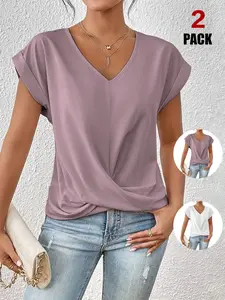 Women's Casual Basic Top Short Sleeve Twist Knot Shirts Slim Fit V Neck T Shirt Tops
