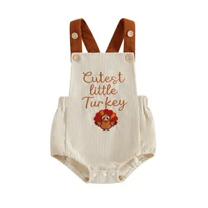Infant Baby Boys Thanksgiving Romper Letter Turkey Embroidery Sleeveless Square Neck Tank Overalls 0-18 Months