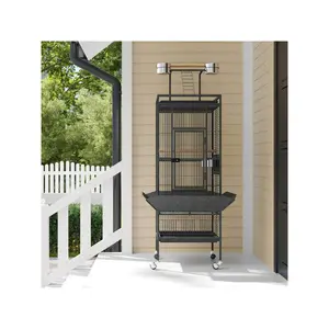 61 Inch Large Bird Cage, Metal Bird Fight Cage With Play Top, Rolling Stands, Feed Bowls, Wide Tall Parrot Cage For Parakeets, Conures, Cockatiel, Cockatoo  Large Bird Cage With Rooftop Playground & 360° Casters - Rolling So