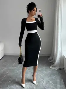 Elegant Square Neck Contrast Color Slim Fit Long Dress Set for Women, Sexy and Stylish Ladies' Clothing, Perfect for Parties and Events, Bodycon Stretch