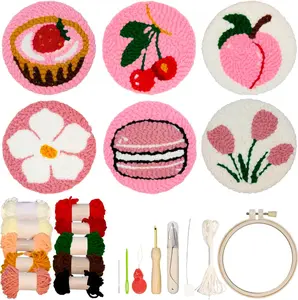 Punch  Kit for Beginners Adults , 6  Embroidery Punch  Kits, Easy  Punch Embroidery DIY Kit Set Tufted Rug Punch Decoration with Patterns, Tools, Yarns, Hoop, Instruction