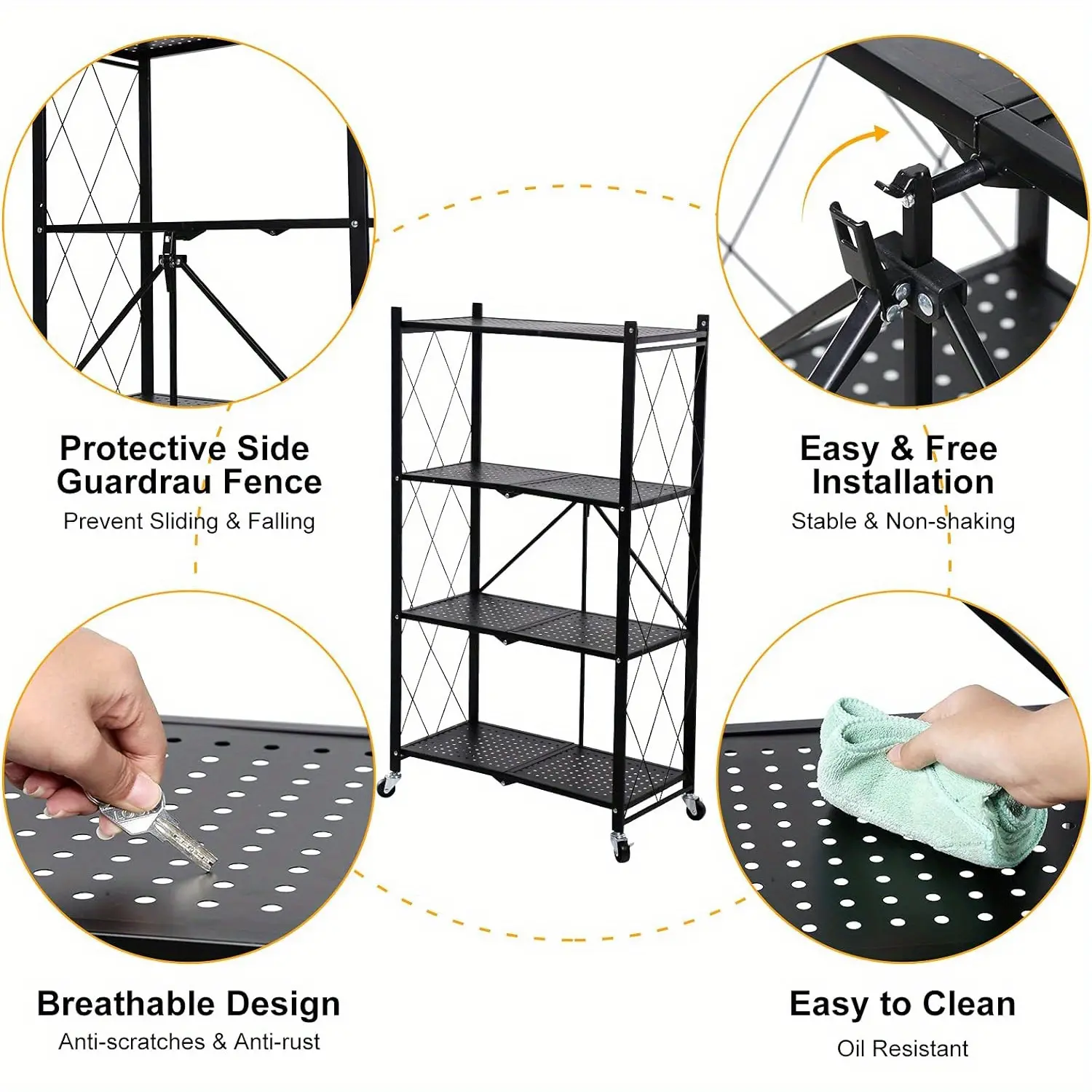 New Track Seven 4-Tier Storage Shelving Unit w/Hooks and Wheels, 27.95"x14.96"x49.61", Standing Foldable Storage Rack, Metal, Kitchen, Garage, No Assemble Require (Black Organiser