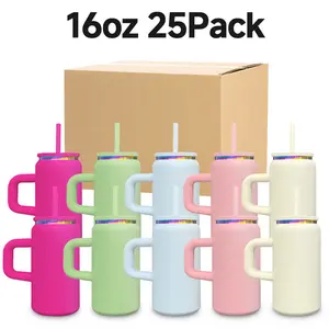 25pcs Rainbow Plated Thermal Cup with Lid, Straw, 16oz Laser Engraving Stainless Steel Cup with Handle, Drink Cans, Iced Coffee Cup, Smoothie Cup, Vacuum Insulated Stainless Steel 16oz Rainbow Tumbler, Festive Gifts.