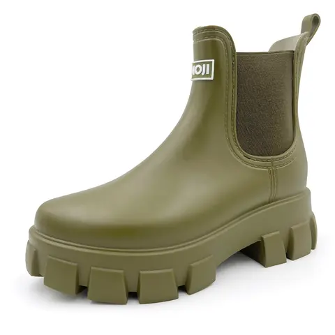 AMOJI Women's Basic Fabric Slip-On Ankle Chelsea Rain Platform Boots 917 - Waterproof Footwear, Soft Round Toe, Anti-Slip Blackpro Wet-Safe Traction Rubber Sole, EVA, Hangable, All-Season Outdoor Shoes