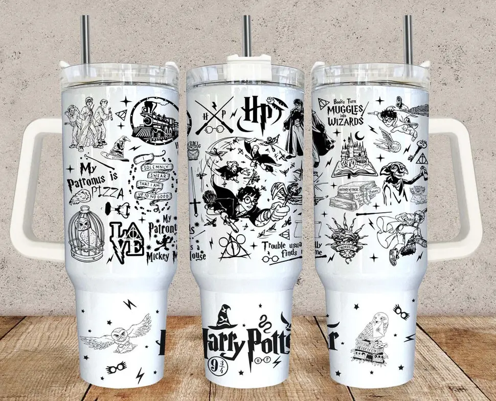 [Gift Box & Straw] Magic HP 40oz Stainless Steel Tumbler with Handle, Wizard Inspired Double Wall Vacuum Insulated Travel Mug, Fantasy Magic Artwork, Fits Car Cup Holder, Gift for Wizard Fans
