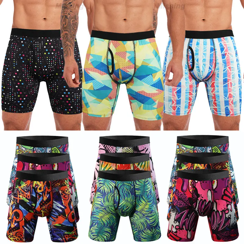 Men's 3-Pack Soft Stretch All-Over Digital Print Contrast Tape Boxer Briefs - Spandex Athletic Menswear, Anti-Chafing, No Ride Up, Comfortable Sport Underwear Trunks, Soft Stretch Briefs, Halloween, Chic, Boyshorts, Fantasy, Foldable, Holiday, Expandable