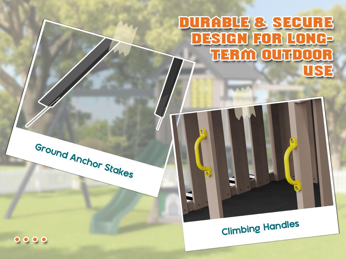 ALBOTT 3 Different Size Wooden Swing Set for Kids, Large Outdoor Wood Playhouse with Double Towers, Wave Slides, Swings, Climbing Wall & Ladder, Backyard Playground for Ages 3–8