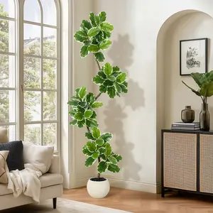 7FT Realistic Faux Fiddle Leaf Fig Tree Artificial Plant Set, Elegant Artificial Plants with Sphere Planter & Moss, Indoor Decor for Home Office, Home Supplies Decorative Ornament Gift