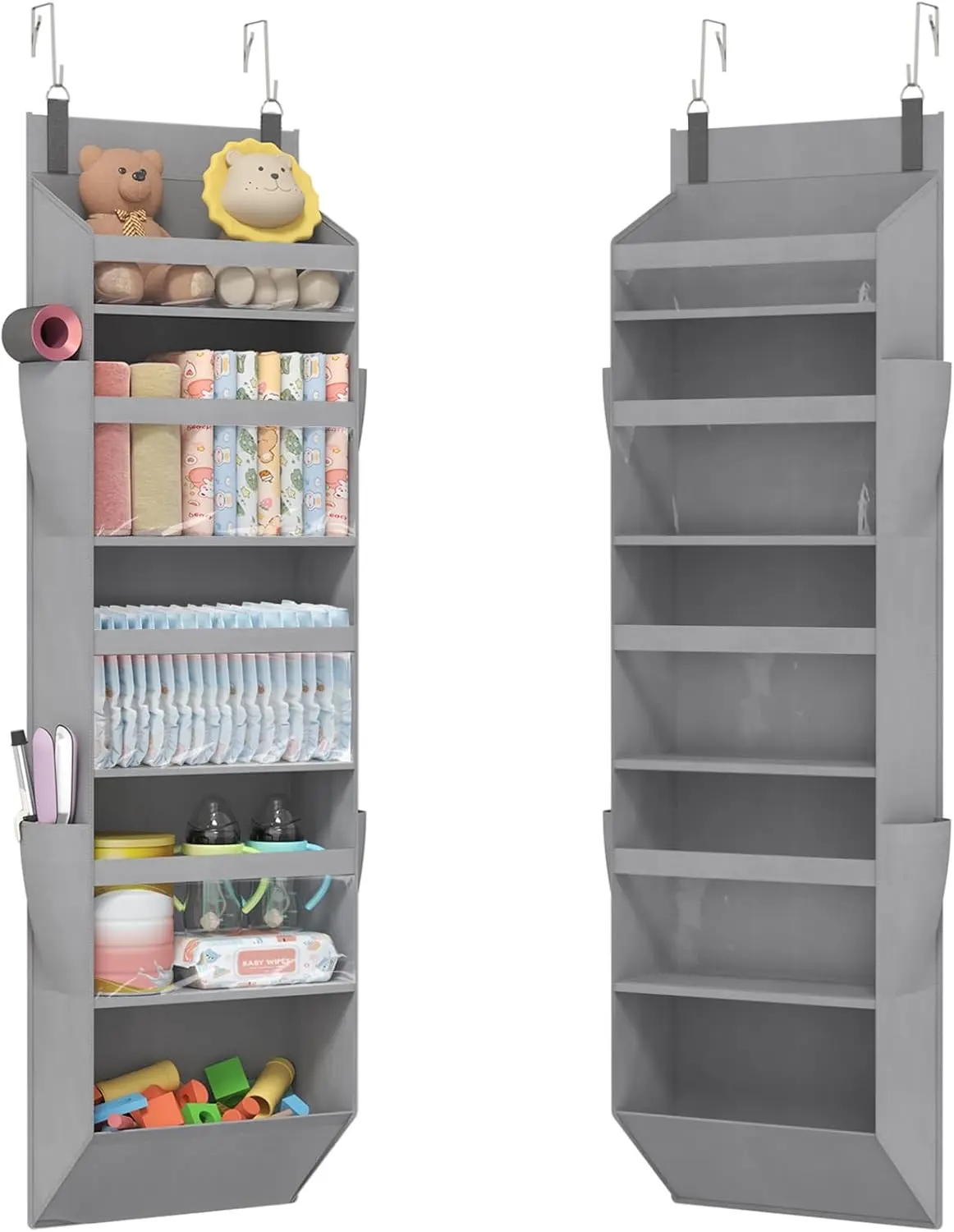 1 Pack Over the Door Organizer, Clear Window Hanging Storage with 4 Side Pockets, Anti Tilt 40 lbs Load Behind Door for Pantry, Nursery, Bathroom, Bedroom, Dorm, 5 Section, Gray