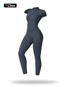 Women's Solid Short Sleeve Half Zip Sports Jumpsuit, Sporty Stand Collar Skinny Jumpsuit for Yoga Gym Workout, Ladies Sportswear for All Seasons, Workout Gym Clothing, Sporty Comfy Jumpsuit, Workout Jumpsuits