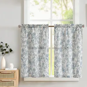 Kitchen Tier Linen Curtains Farmhouse Floral Blue Kitchen 36 Inch Length Small Rustic Country Curtains Rod Pocket Kitchen Set 2 Panels Blue on Beige