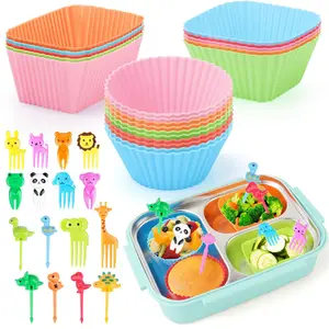 80PCS Silicone Lunch Box Dividers Kit, Reusable Silicone Cupcake Liners Muffin Cups, Fun Lunchbox Bento Box Accessories, Cute Food Picks (20 Baking Cups + 60 Animal Picks)