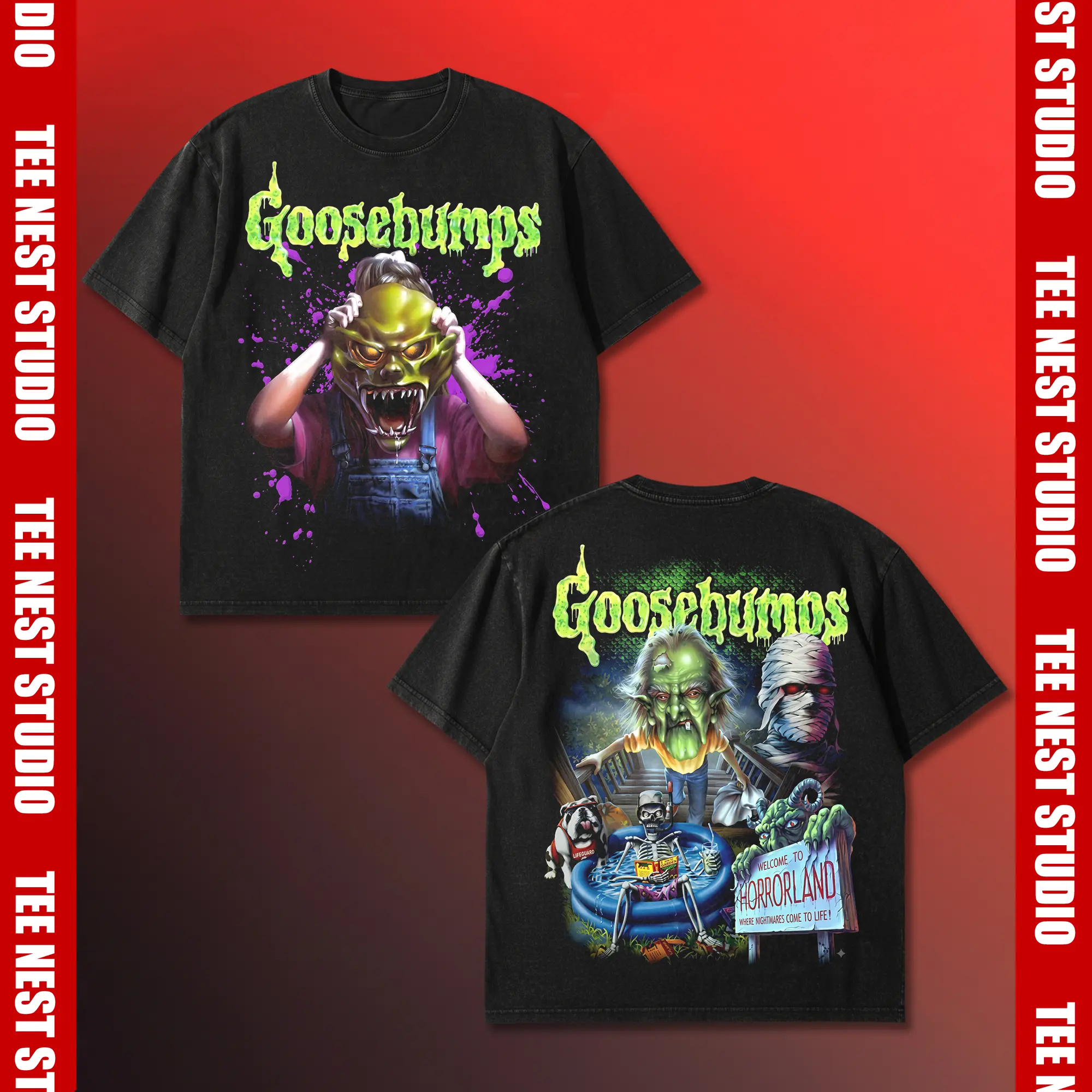 Goosebumps Vintage Graphic Tee, The Haunted Mask Back Print Shirt, RL Stine 90s Spooky Book Cover T-Shirt, Horrorland Monster Fan Gift, Nostalgic Halloween Apparel, Retro Slime Green Aesthetic Streetwear