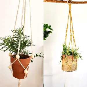 Pack of 2 Cotton Macrame Plant Hangers, 1 no tassel design and 1 pot holder size adjustable design, Handmade Macrame Plant Hangings, made with Durable and Sturdy Cotton Cords, Boho Decor