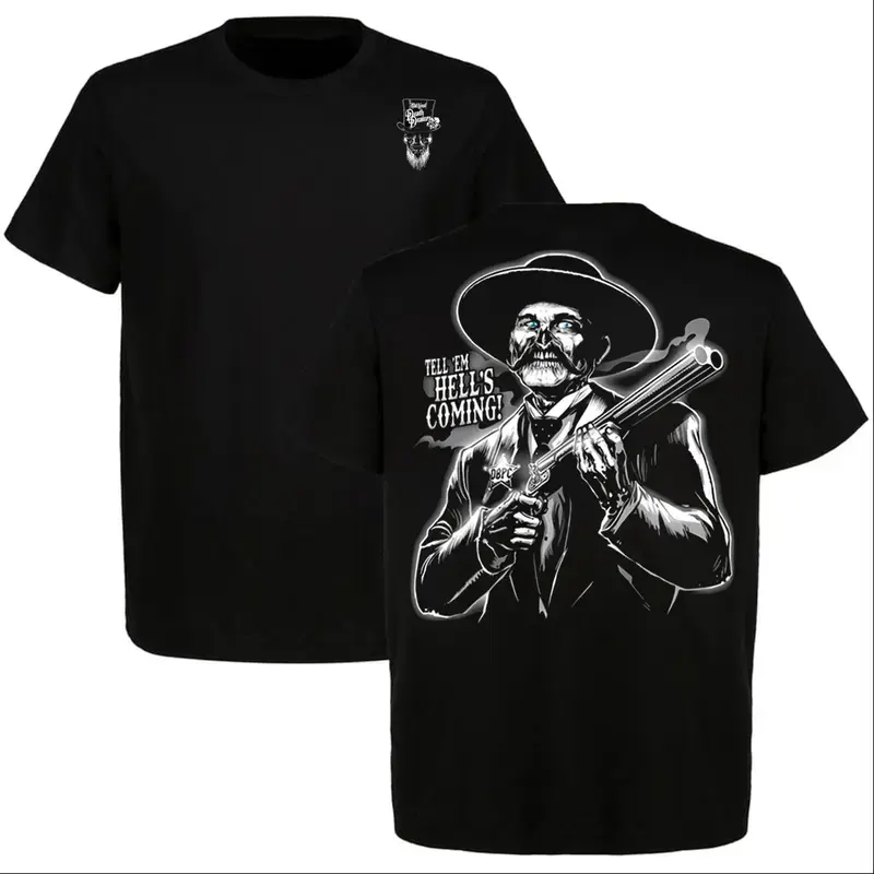 Men's Casual Pre-Shrunken Cotton Round Neck Short-Sleeve T-Shirt - Streetwear Graphic Tee with Americana Motifs, "Tell 'Em Hell's Coming" Cowboy Western Gunslinger Print, Ideal Gift for Tombstone Enthusiasts, Unisex Fitted Retro Top, Basic, Shortsleeve, H