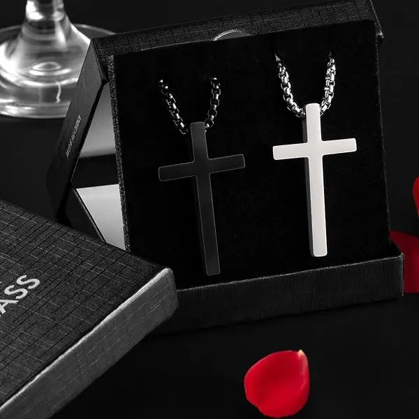 ROMASS, stainless steel pendant silver black cross chain jewelry gift box, 16-30 inches, 2 men's cross necklaces