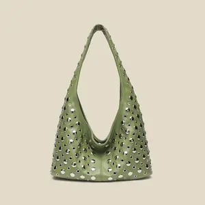 Studded Hobo Bags for Women Soft PU Leather Studded Slouchy Shoulder Handbag Tote Purse