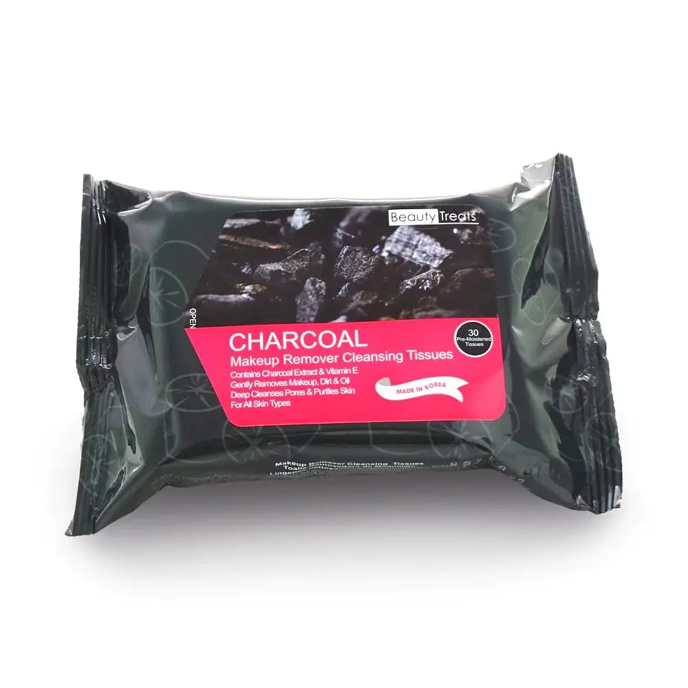 BEAUTY TREATS Charcoal Cleansing Makeup Remover Tissues, Facial Cleanser Wipes for Gentle Daily Use