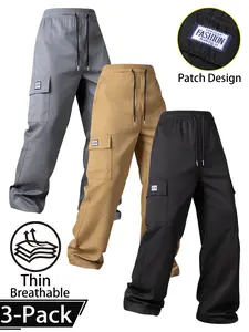 Men's 3-Pack Lightweight Breathable Work Pants, Menswear, Stylish Plain Drawstring Elastic Waist Loose Straight Leg Cargo Trousers with Multi-Pocket Patch Design for Summer Outdoor Hiking Daily Wear