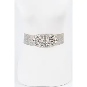 Final Sale Plus Size Silver Belt with Rhinestone Buckle Oval Multi Stone Metallic Straw Stretch Belt (Copy)
