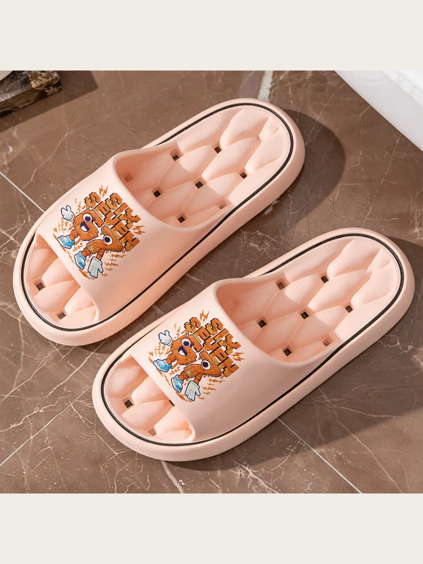 Caramel Drizzle Waffle Texture 6 7 Character Graphic Slides for Men Women, Casual Non-Slip Soft Sole Open Toe Slippers, Stylish Cartoon Art Comfortable Indoor Outdoor Shower Shoes, Trendy Street Style Lightweight Home Slippers