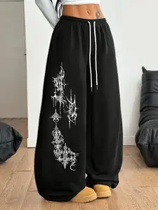 Summer Women's Fashion Trend Street Style Casual Retro Y2K Punk Religious Print Women's Casual Black Straight Leg Pants Front Adjustable Drawstring Loose Sweatpants