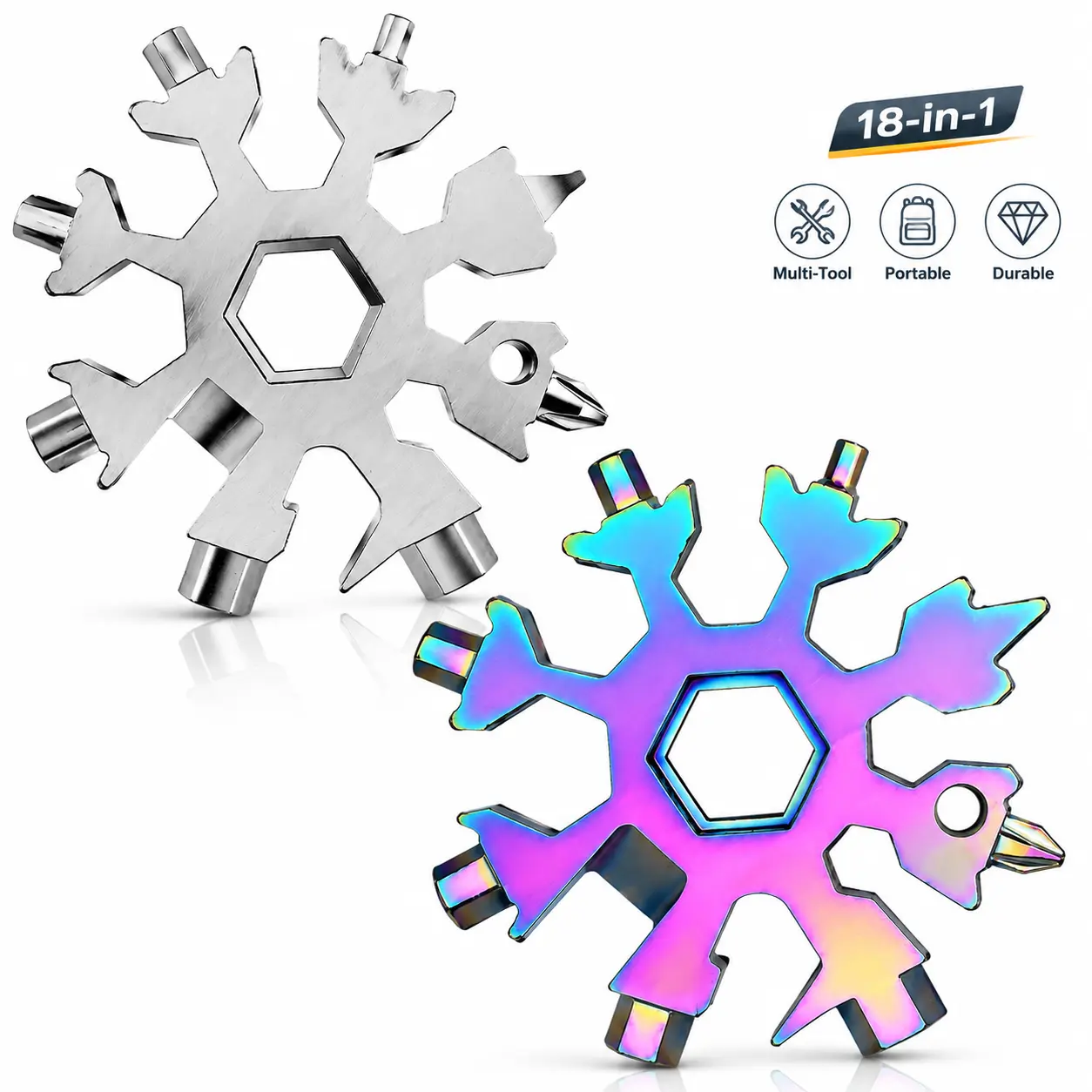 18-in-1 Snowflake Multi Tool Keychain Key Ring - 80g Stainless Steel EDC Gear with Compact Design, Screwdriver Bits, Hex Wrench, Daily Carry Tool for Camping, DIY Maintenance, Male Gifts