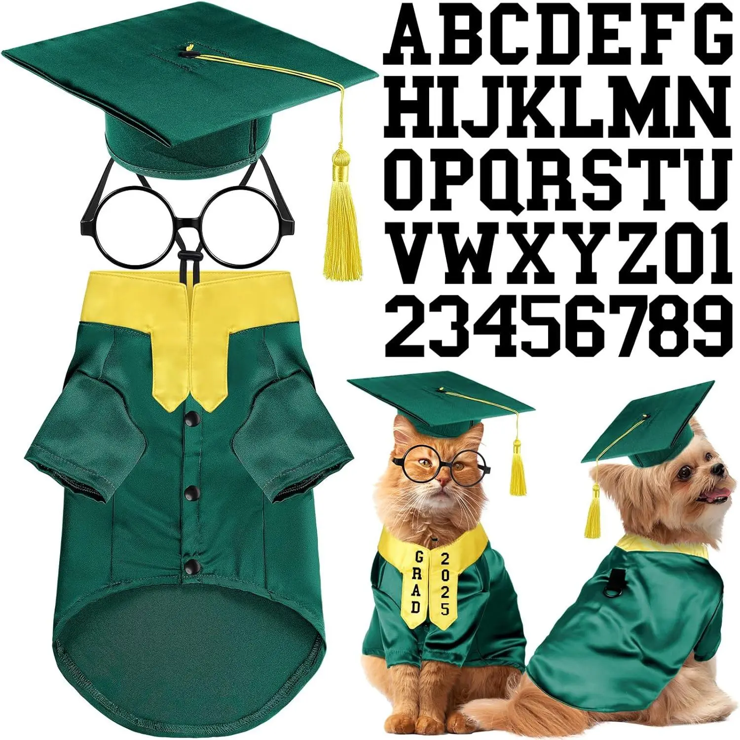 5 count  Graduation Costume Set Include 2025 Pet Graduation Gown with Stole Puppy Grad Cap Lensless Glasses DIY Letter Stickers for Dogs Cats Holiday Costume Accessory(Green Yellow,S)