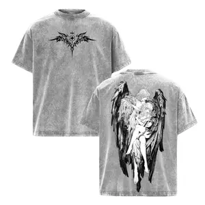 Men's Short-Sleeve Crewneck T-Shirt, Y2K Tormented Dark Fallen Gothic Guardian Angel Graphic Tee, Vintage Washed Anime Streetwear, Religious Gift Oversized Menswear Top
