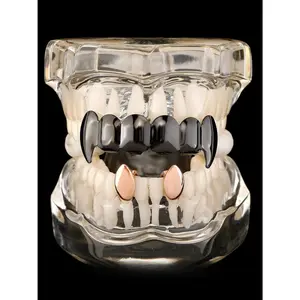 1pc 14K Gold Plated Copper Black Fangs & Rose Gold Dual-Tooth Grillz Set, Unisex Hip-Hop Tooth Jewelry For Black Women, Girls & Men, Suitable For Parties, Gothic Style & Street Fashion