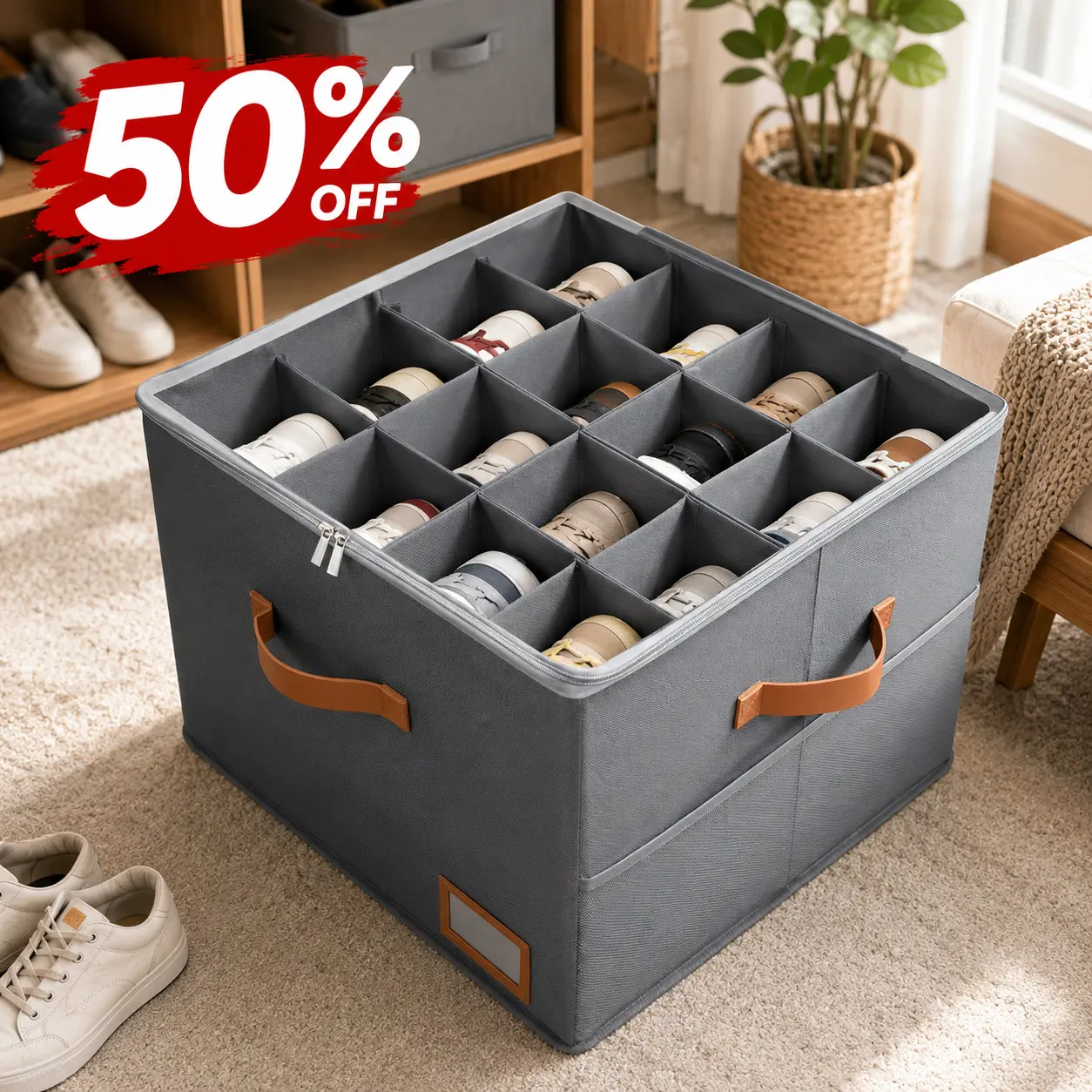 Foldable Shoe Organizer for Closet,8-16 Pair Shoe Storage Box, Shoe Storage for Sneakers, Sandals, Slippers, Boots & Heels with Adjustable Dividers, Clear Cover & Space Saving Closet Storage, Back to School