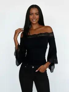 Women's Lace Patchwork One Shoulder Batwing Sleeve Top, Slim Fit Waist Cinching, Vintage Sexy Fashion for Daily Casual Party