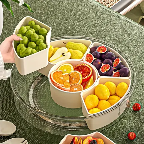 Compartmentalized Plastic ABS Food Storage Container with Handle & Lid - 1 Pack Stackable Portable Spinning Rounded Organizer for Kitchen, Party (Fruits, Vegetables)