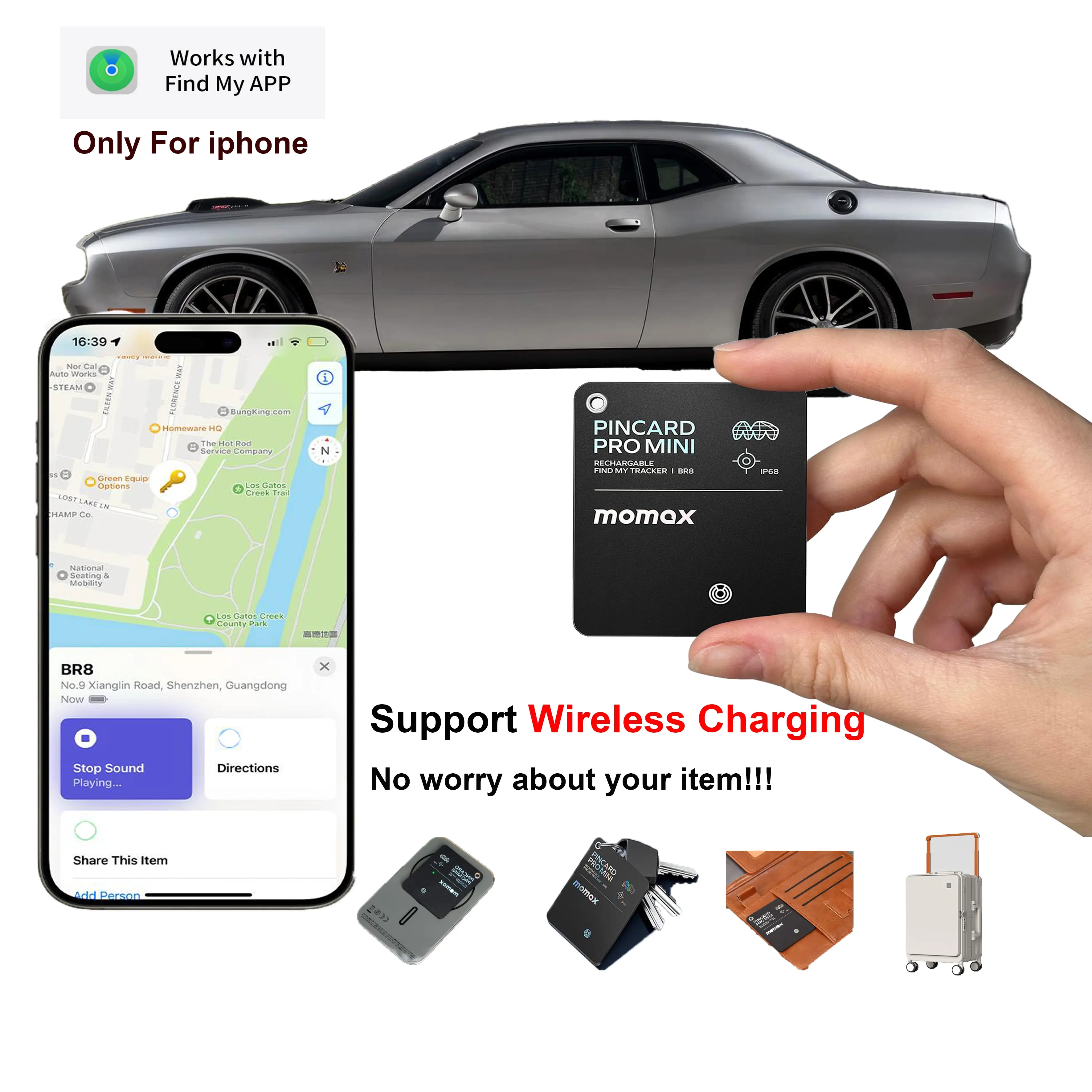 Momax BR8 Mini Card Tracker Compatible with Apple Find My GPS Waterproof Rechargeable Anti-Lost Device for Wallet Car Key Black 1 Pack