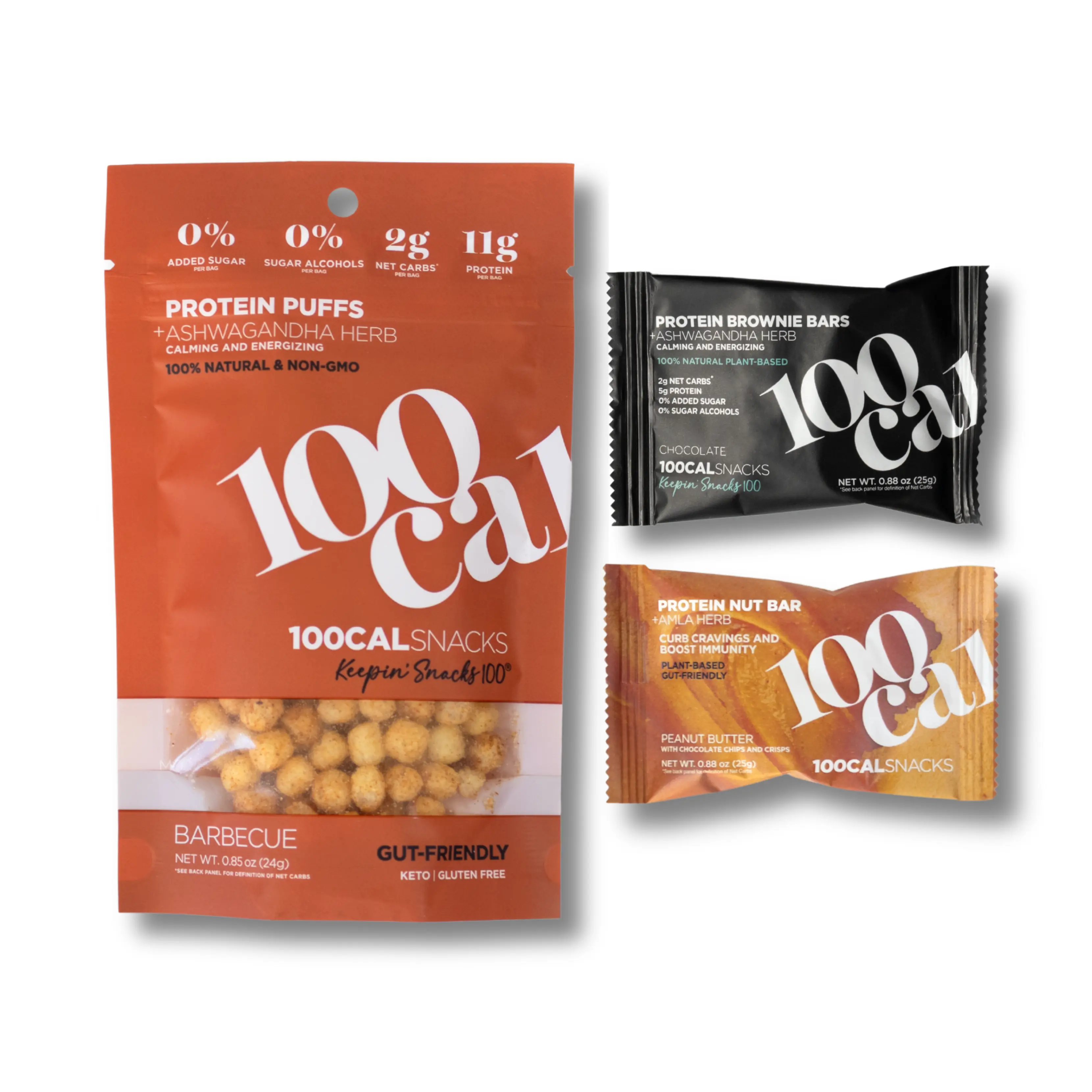 100Cal Snacks Variety Pack – Chocolate Brownie Protein Bar + Peanut Butter Protein Bar + BBQ Protein Puffs - Gut and Brain Protein Snacks - High Protein, High Fiber, Zero Added Sugars, Gluten Free