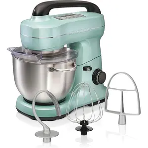 Hamilton Beach Electric Stand Mixer, 4 Quarts, Dough Hook, Flat Beater Attachments, Splash Guard, 7 Speeds with Whisk, Easy-Carry Top Handle, Aqua