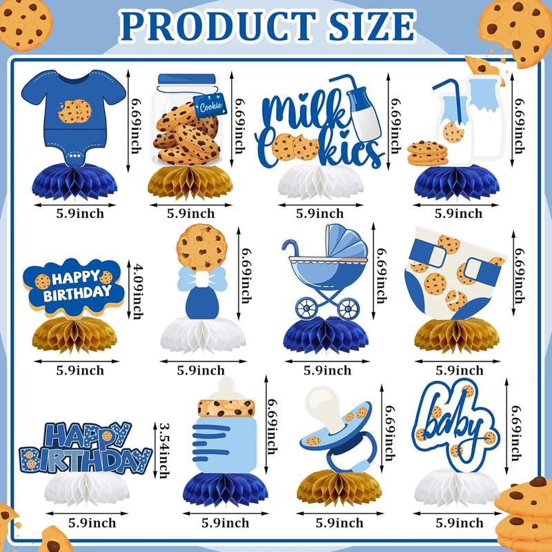 12 Pcs Milk Cookies Baby Shower Honeycomb Centerpieces Blue Milk and Cookie Happy 1st Birthday Party Photo Booth Props for Gender Reveal Party Table Decor
