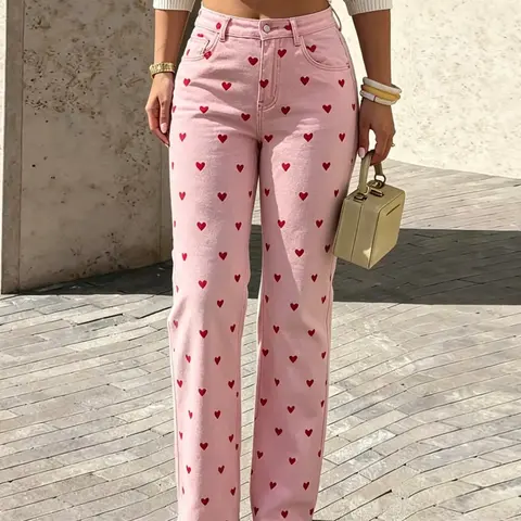 Women's Heart Print Wide Leg Jeans, High Waist Loose Fit, All Season Casual Pants, Elastic Fabric, Fashionable Summer Wear, High Waisted Denim