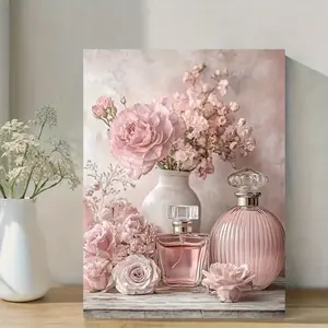 2D canvas painting, 1 piece vintage floral perfume bottle canvas wall art - Soft pink roses in pastel floral decoration, canvas painting with wrapped wooden frame - Elegant home office, bedroom, living room decorat