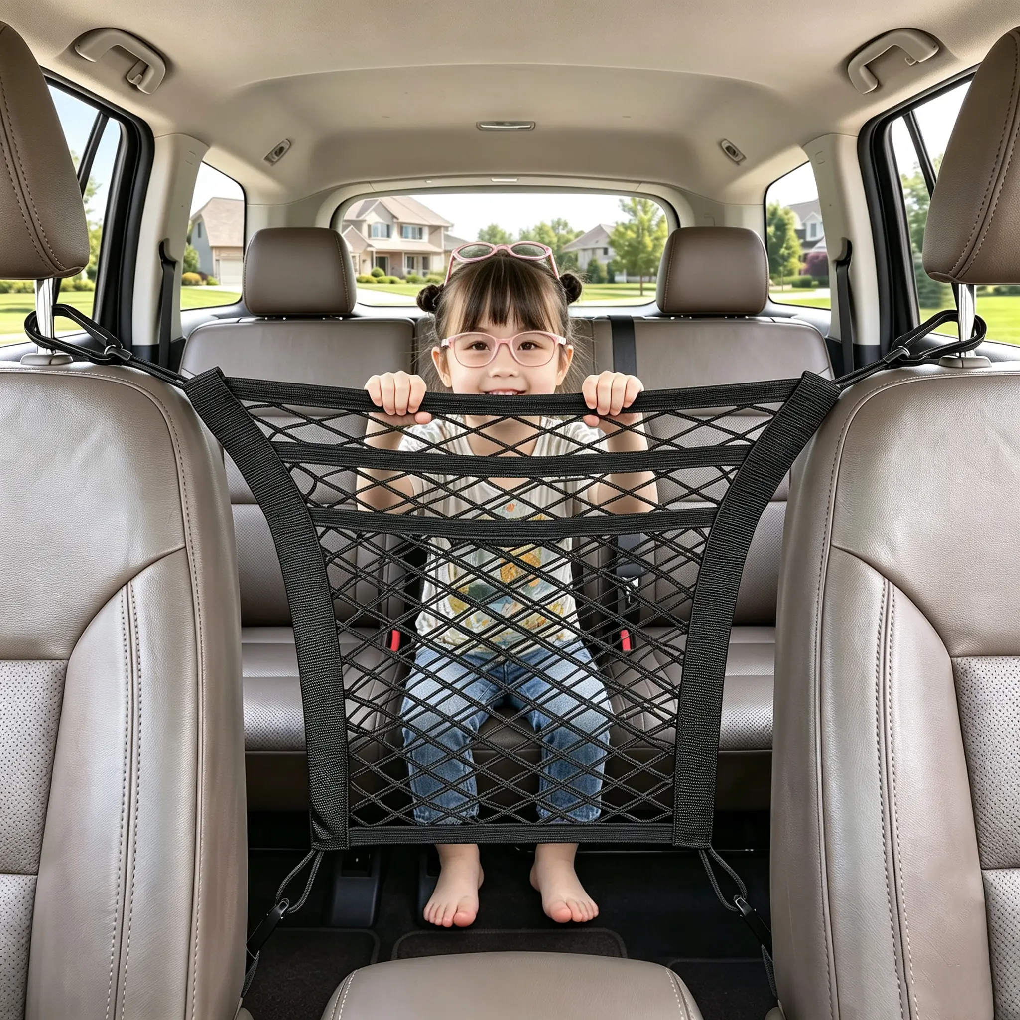 Pet & Kid Car Seat Isolation Mesh Net, Safety Divider Barrier for Children, Dog & Cat, Vehicle Travel Storage Organizer