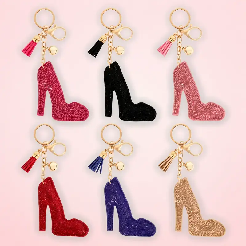 High Heels Rhinestone Tassel Keychain - Pink Glitter Shoe Charm with Gold Tone Hardware, Fashion Bag Pendant Accessory Gift for Women Girls