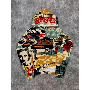 Men's Vintage Retro Portrait Poster Pattern Hoodie Loose Fit Short Sweatshirts, Suitable for Autumn/Winter, Graphic Vintage Print Hoodie