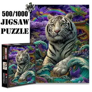 1pc 1000 piece adult puzzle 70x50cm White Tiger Surrounded by Dragons, Birds and Waves500 pieces of paper jigsaw puzzle, suitable for adults and families, large-scale DIY puzzle interactive toy gam