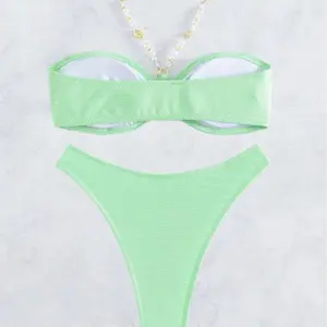 European and American new sexy bikini link solid color neck women's beach thong set one piece swimsuit