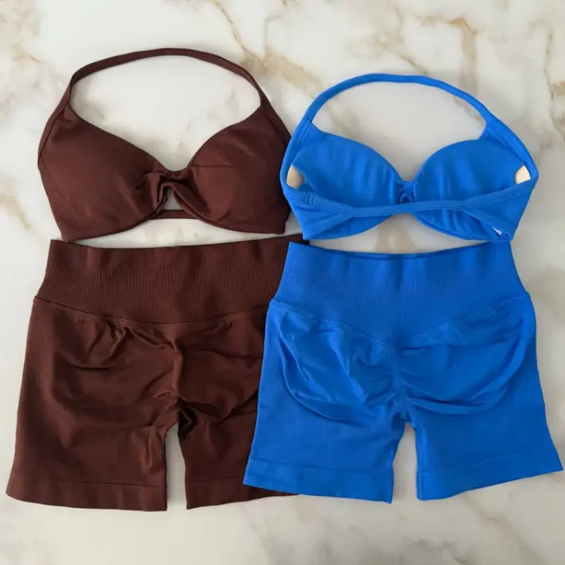 Women's 2-Piece Regular Knitting Matching Activewear Set, Strappy High-Impact Seamless Sports Bra & High-Waist Scrunch Workout Shorts, Gym Yoga Fitness Clothes