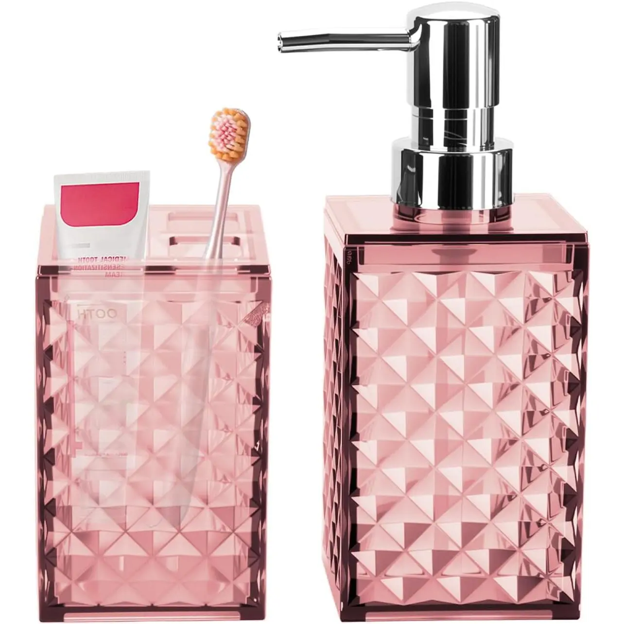 Bathroom Accessories Set 2 PCS, Pink Bathroom Accessories Include Soap Dispenser and Toothbrush Holder, Diamond Pattern Bathroom Set for Boho Bathroom Decor