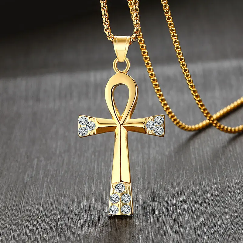 MaxBling81 Men's 45mm Egyptian Ankh Cross Pendant Necklace - Stainless Steel, CZ Stone, 24" Rolo Chain, Jesus Anchor, Chain & Link, Metal Coating, Hip Hop Religious Jewelry for Daily Wear
